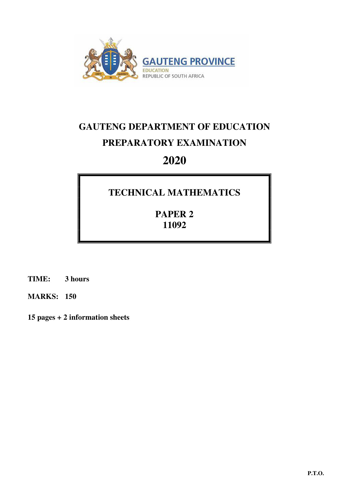 Technical Mathematics Paper 2 (Gauteng) Preparatory 2020 Grade 12 DBE