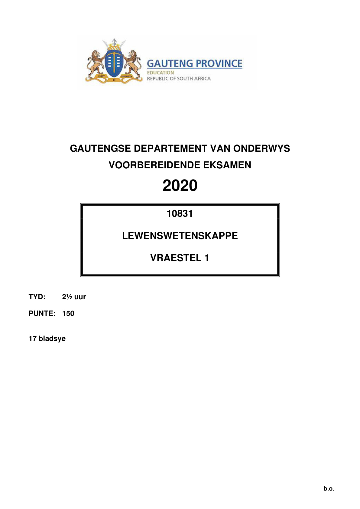 Life Sciences Paper 1 (Gauteng) Preparatory 2020 Grade 12 DBE