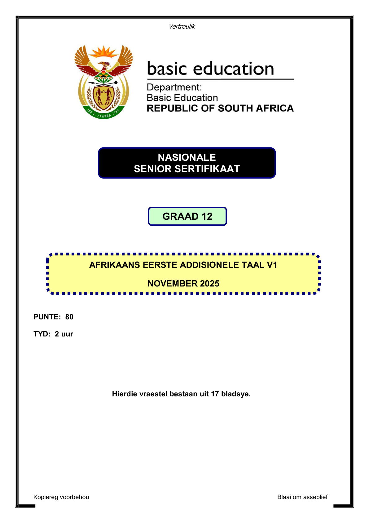 Afrikaans First Additional Language Grade 12 DBE NSC November 2025 Paper 1 - Question Paper (Eastern Cape)
