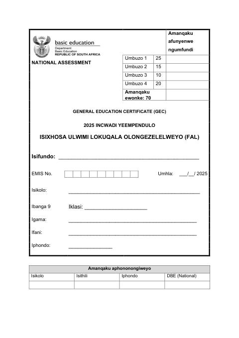 Isixhosa First Additional Language Grade 9 DBE Caps Gec 2025 - Answer Book (Eastern Cape)