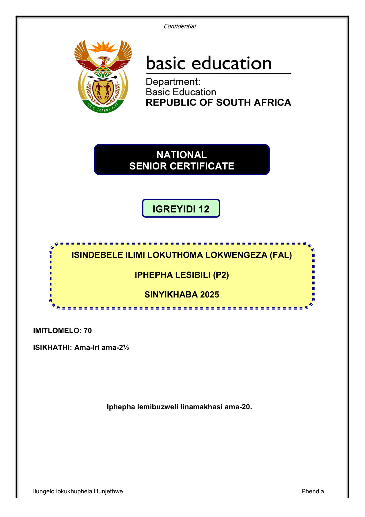 Isindebele First Additional Language Grade 12 DBE NSC November 2025 Paper 2 - Question Paper (Eastern Cape)
