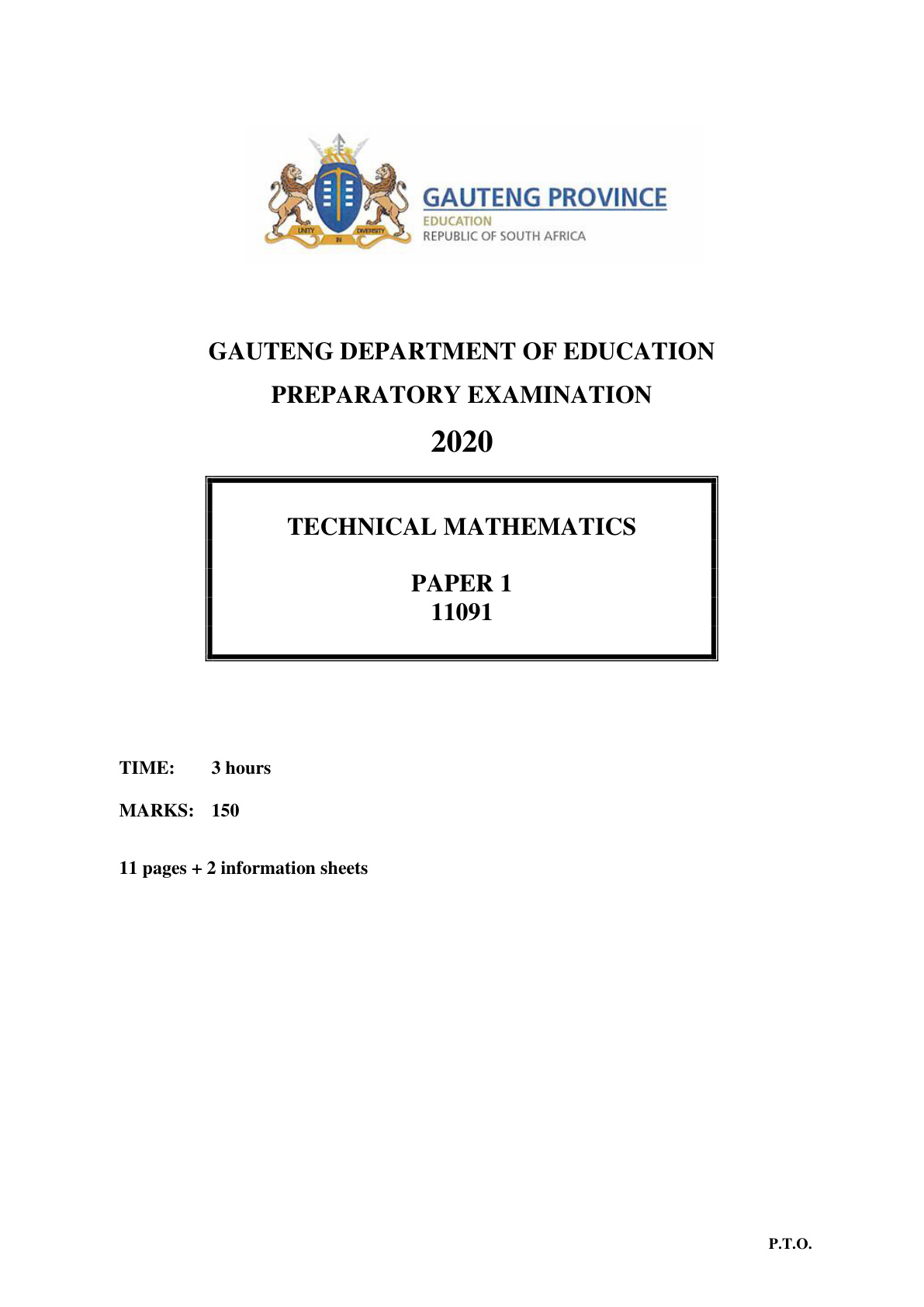 Technical Mathematics Paper 1 (Gauteng) Preparatory 2020 Grade 12 DBE