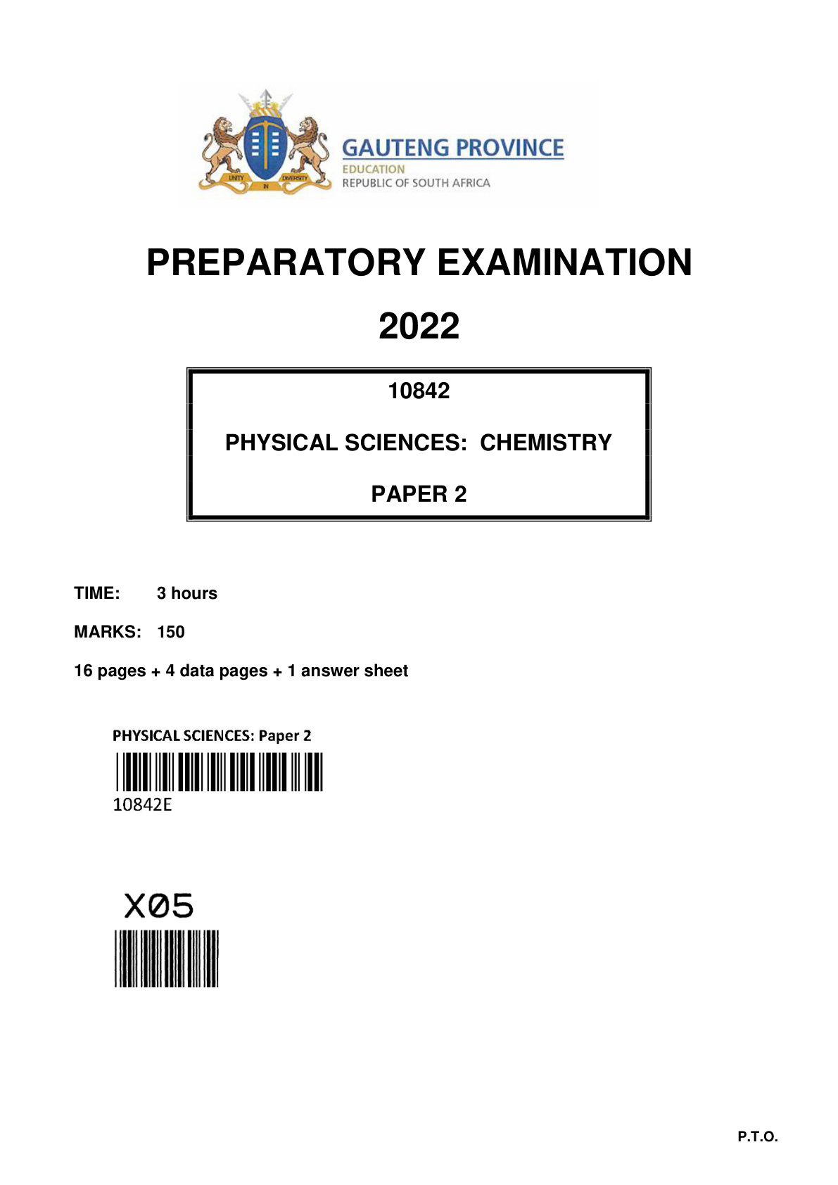 Physical Sciences Paper 2 (Gauteng) Preparatory 2022 Grade 12 DBE