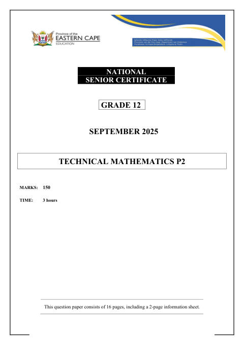 Mathematics Grade 12 DBE Caps September 2025 Paper 2 - Question Paper (Eastern Cape)