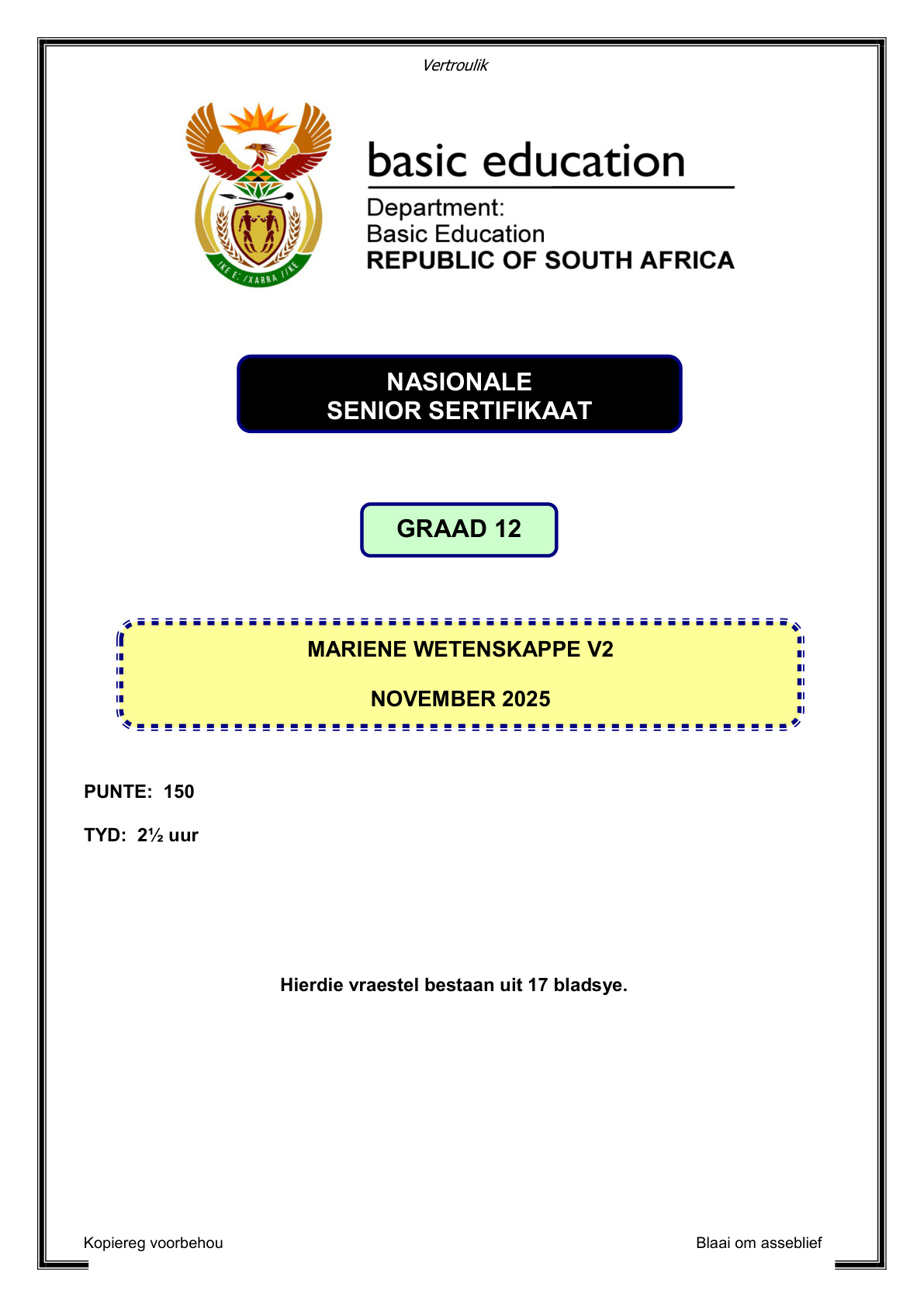 Marine Sciences Grade 12 DBE NSC November 2025 Paper 2 - Question Paper (Eastern Cape)
