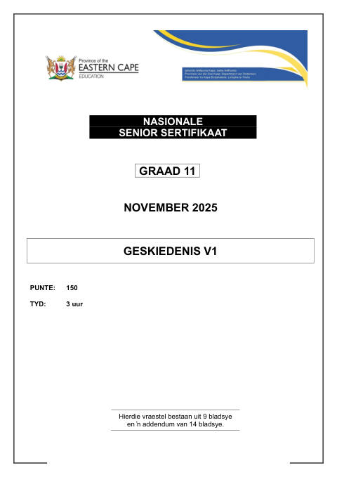 History Grade 11 DBE Caps November 2025 Paper 1 - Question Paper (Eastern Cape)