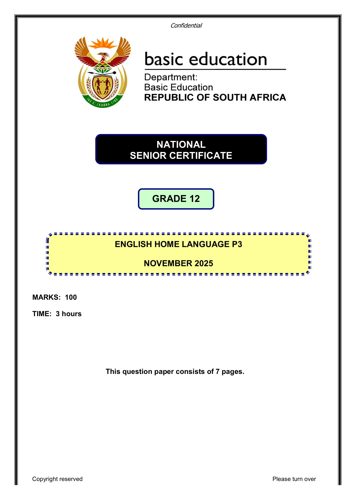 English Home Language Grade 12 DBE NSC November 2025 Paper 3 - Question Paper (Eastern Cape)