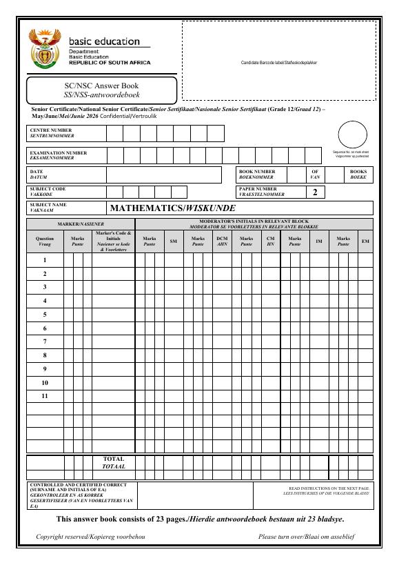 Mathematics Grade 12 DBE Caps May 2026 Paper 2 - Answer Book