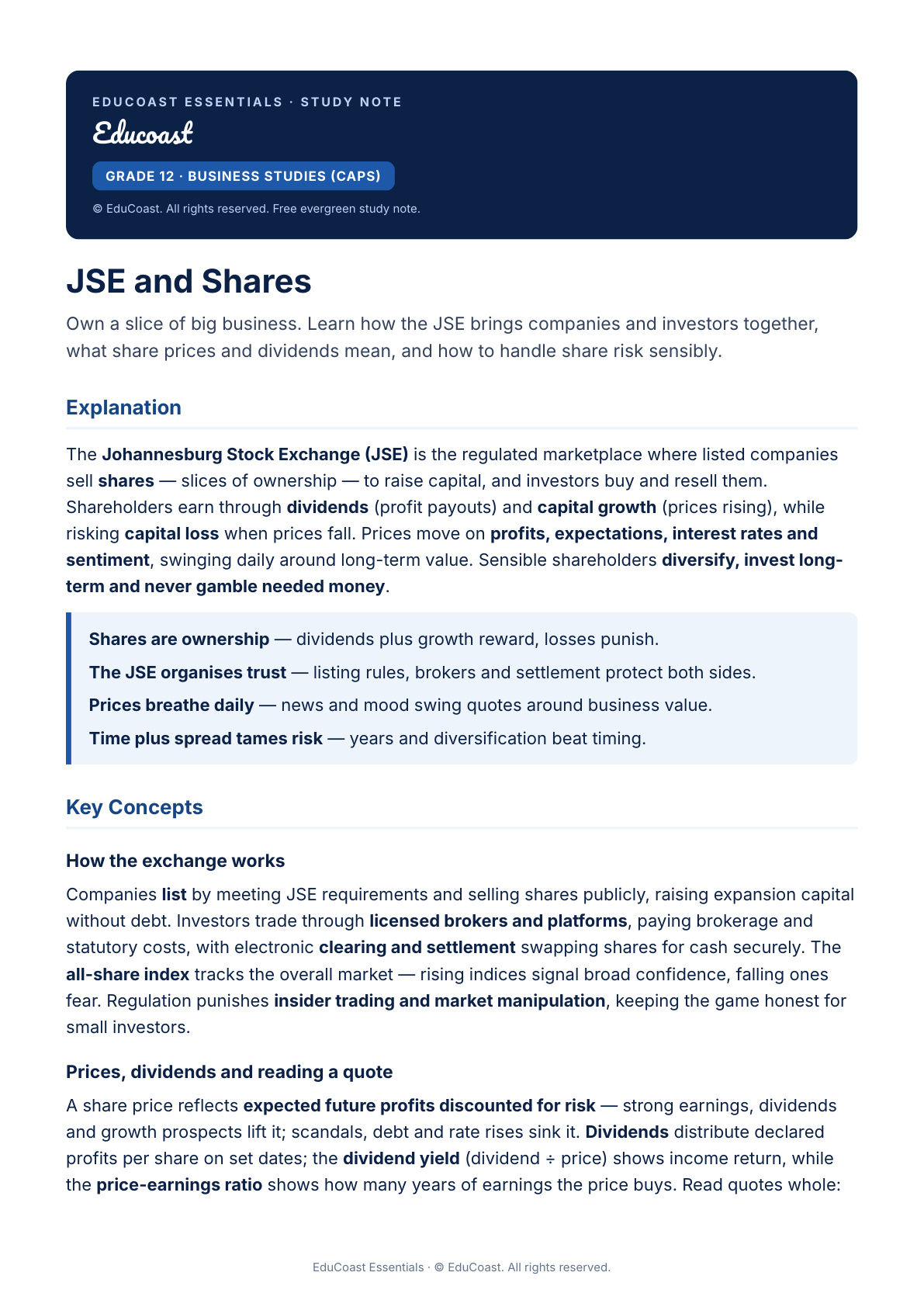 Jse And Shares — Grade 12 Business Studies (Caps)