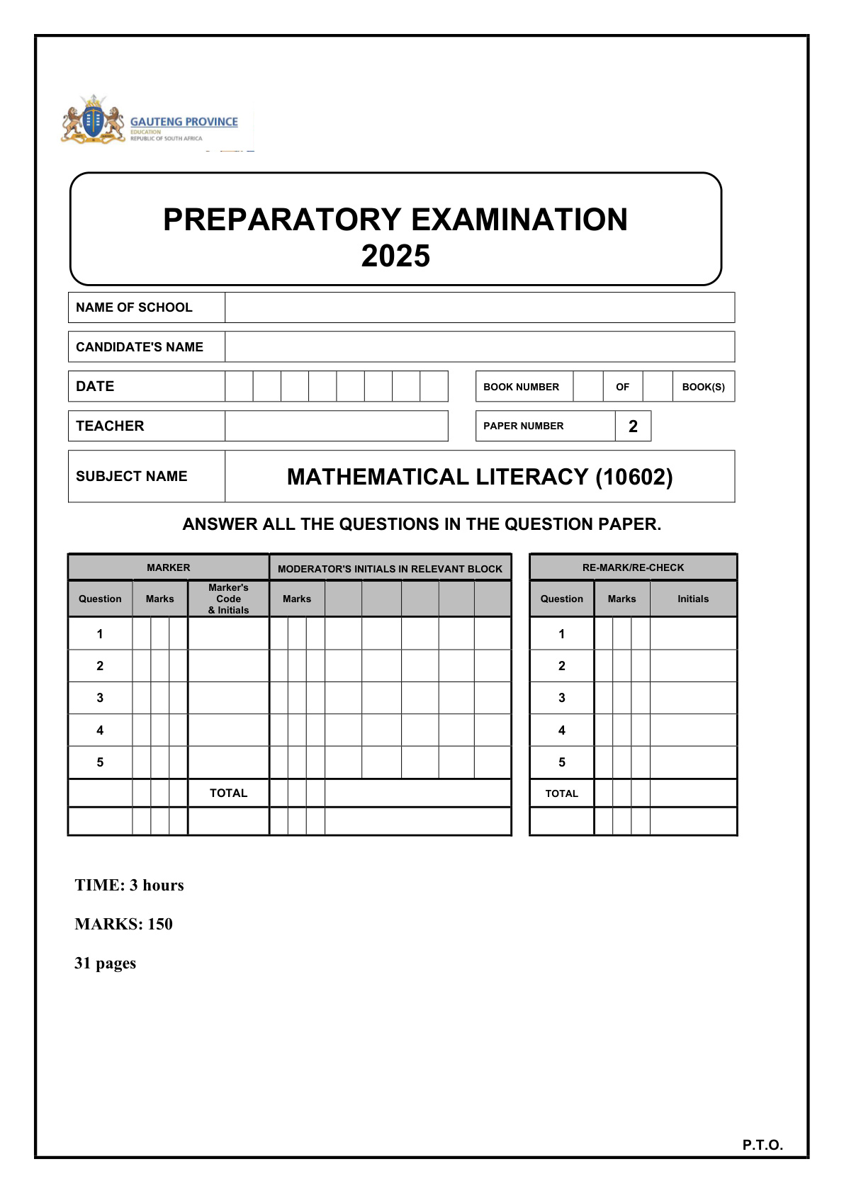 Mathematical Literacy Paper 2 (Gauteng) Preparatory 2025 Grade 12 DBE
