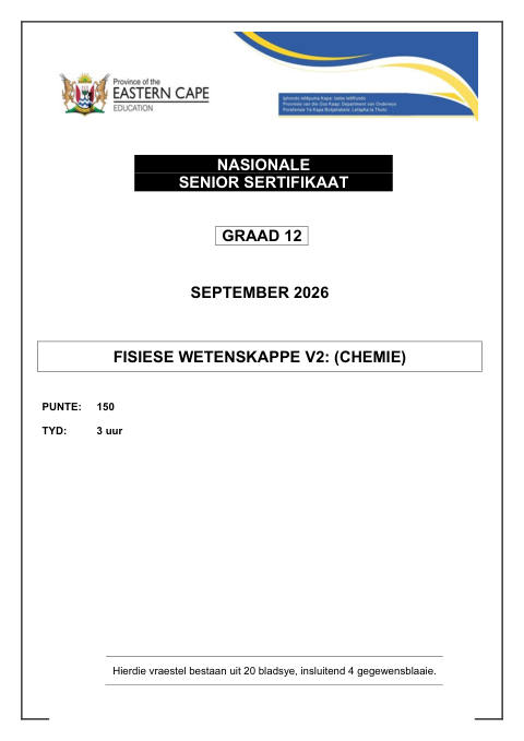 Physical Sciences Grade 12 DBE Caps September 2026 Paper 2 - Question Paper (Eastern Cape)