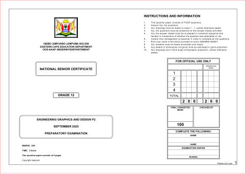 Engineering Graphics And Design Grade 12 DBE Caps September 2025 Paper 2 - Question Paper (Eastern Cape)