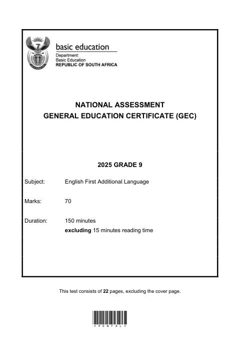 English First Additional Language Grade 9 DBE CAPS GEC 2025 - Question Paper (Eastern Cape)