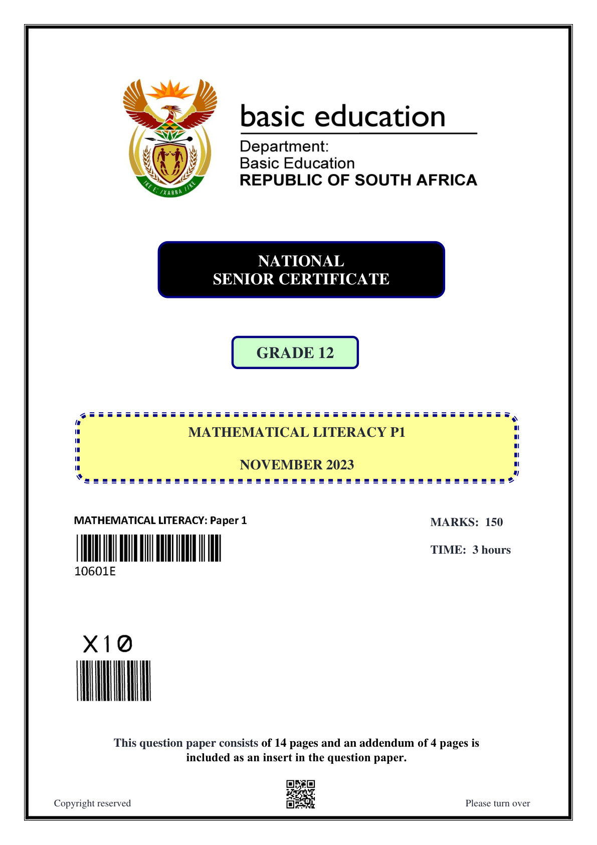 Mathematical Literacy Paper 1 (Gauteng) November 2023 Grade 12 DBE