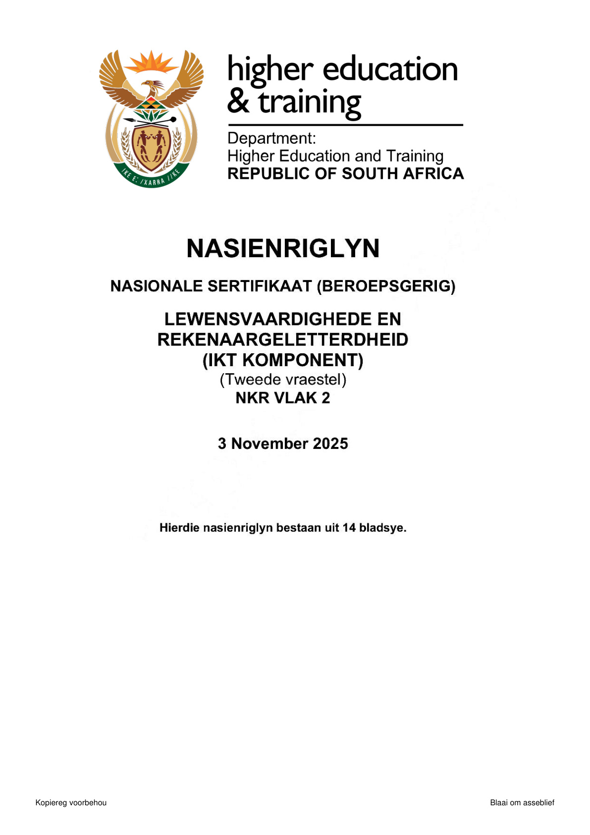 Lewensvaardighede En Rekenaargeletterdheid Level 2 Dhet NCV November 2025 - Memo