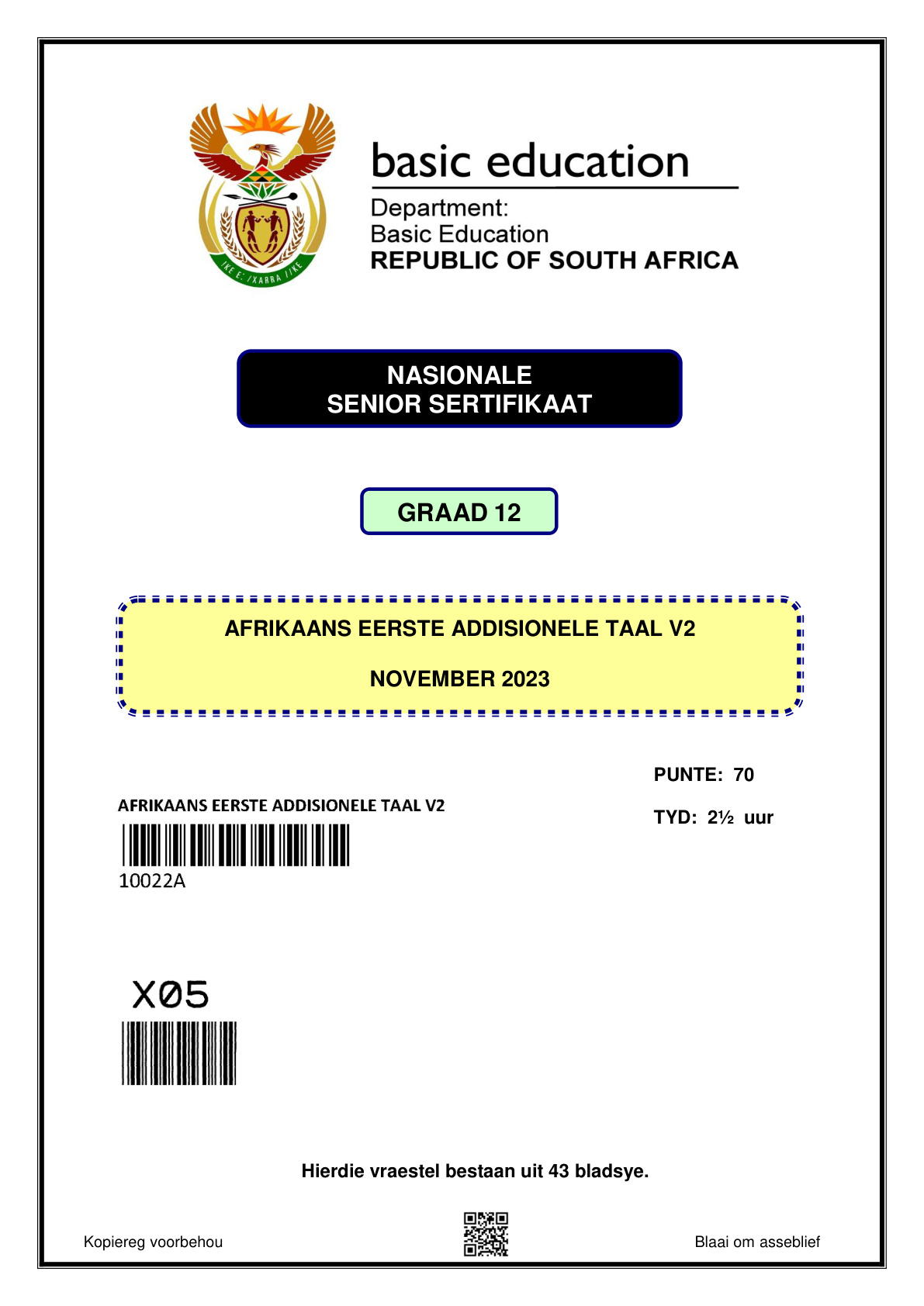Afrikaans First Additional Language Paper 2 (Gauteng) November 2023 Grade 12 DBE