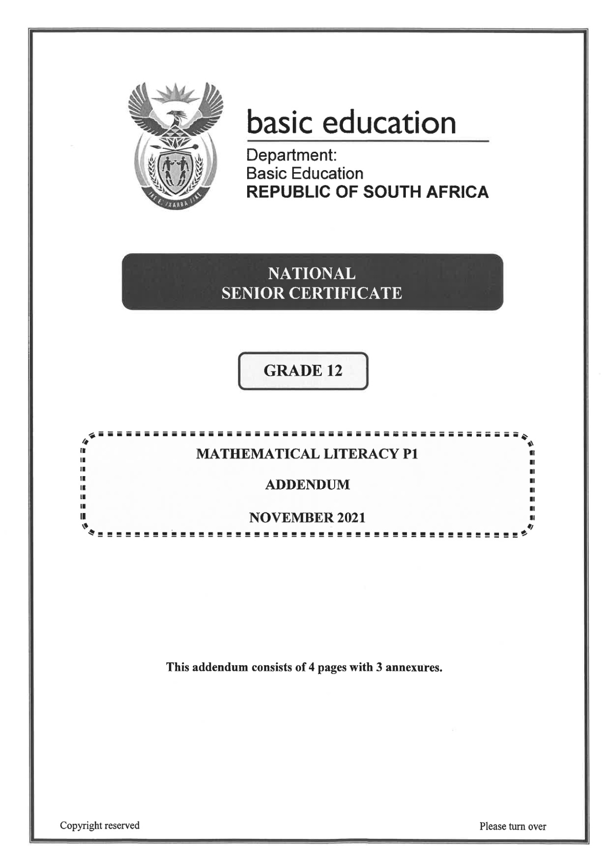Mathematical Literacy Paper 1 Addendum (Gauteng) November 2021 Grade 12 DBE