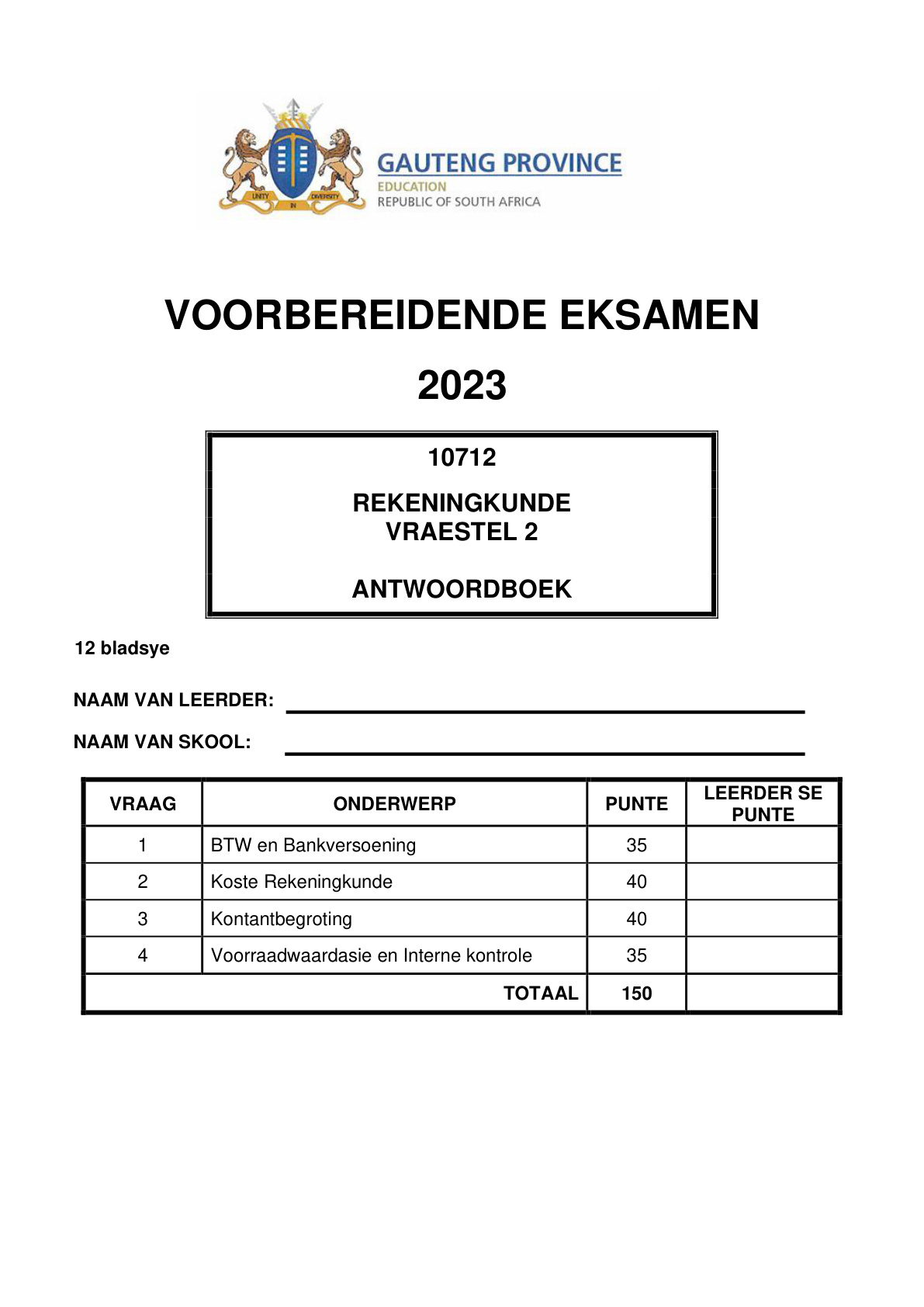 Accounting Paper 2 Answer Book (Gauteng) Preparatory 2023 Grade 12 DBE