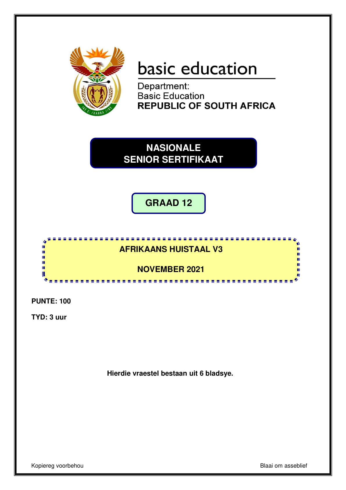 Afrikaans Home Language Paper 3 (Gauteng) November 2021 Grade 12 DBE