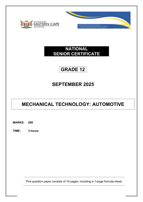 Mechanical Technology Grade 12 DBE Caps September 2025 - Question Paper (Eastern Cape)