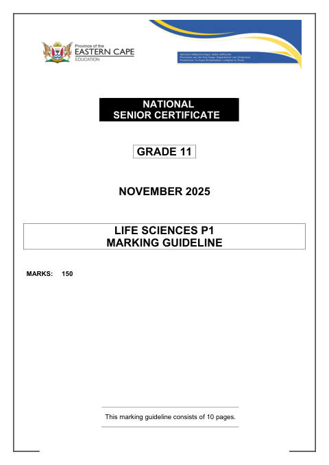 Life Sciences Grade 11 DBE Caps November 2025 Paper 1 - Memo (Eastern Cape)