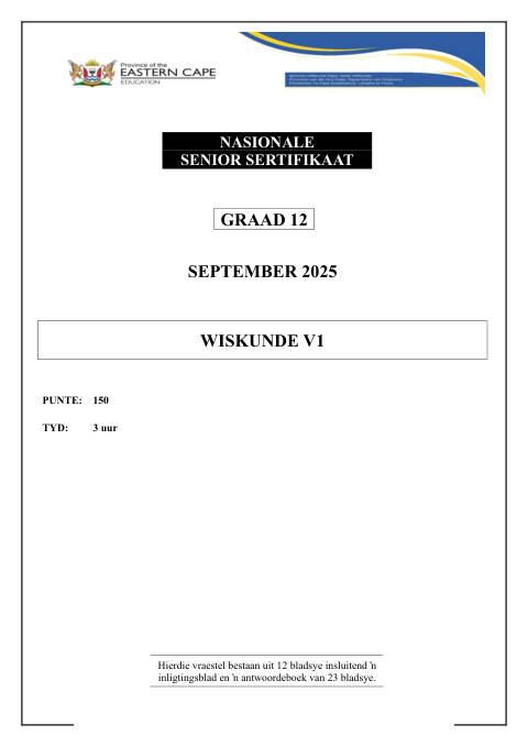 Mathematics Grade 12 DBE Caps September 2025 Paper 1 - Question Paper (Eastern Cape)