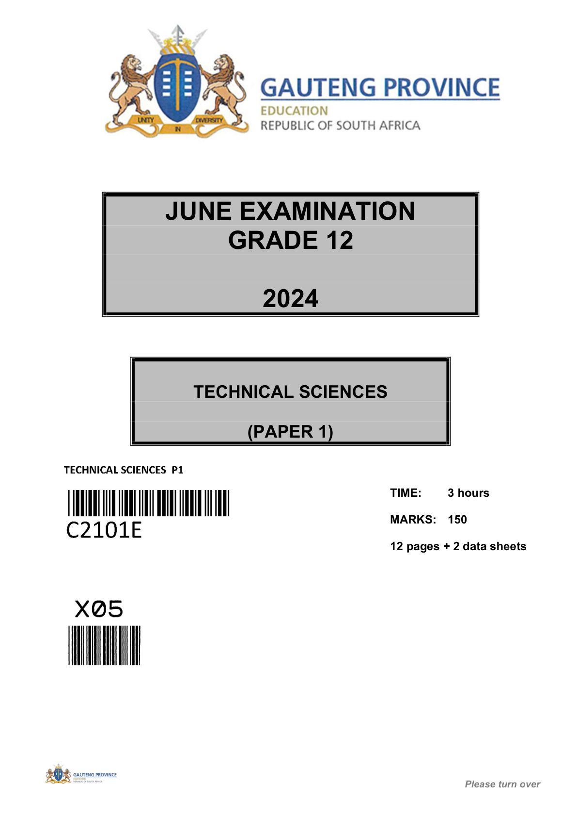 Technical Sciences Paper 1 (Gauteng) June 2024 Grade 12 DBE