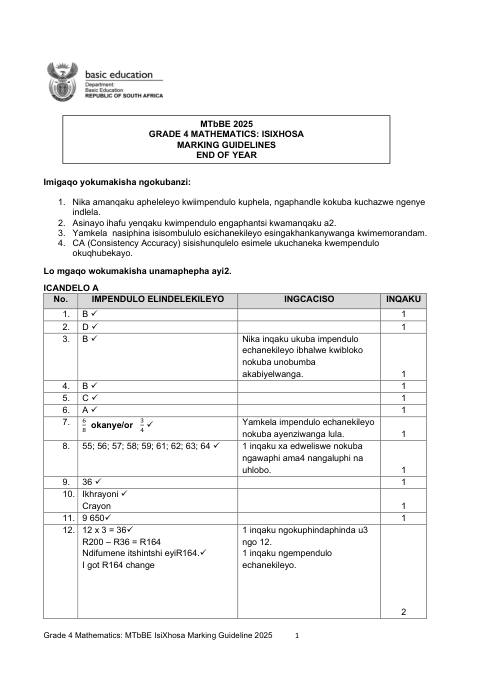 Mathematics Grade 4 DBE CAPS November 2025 - Memo (Eastern Cape)