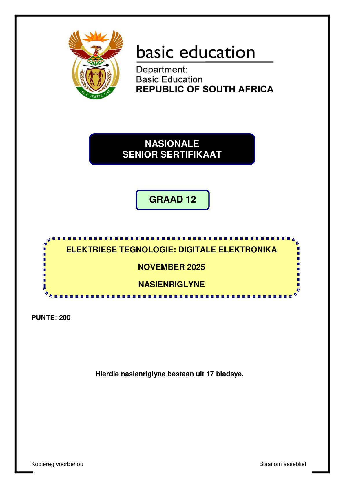 Electrical Technology Grade 12 DBE NSC November 2025 - Memo (Eastern Cape)