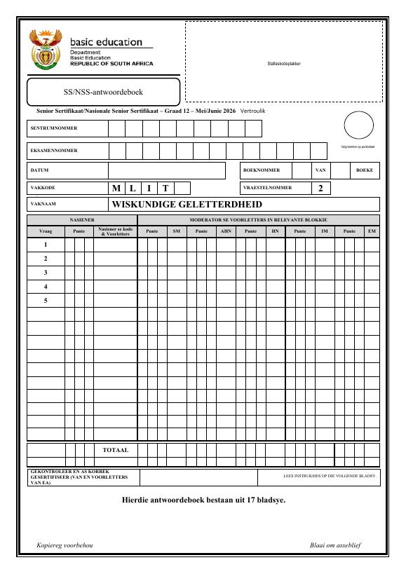 Mathematical Literacy Grade 12 DBE Caps May 2026 Paper 2 - Answer Book