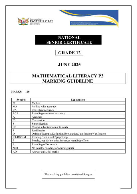 Mathematical Literacy Grade 12 DBE Caps May/June 2025 Paper 2 - Memo (Eastern Cape)