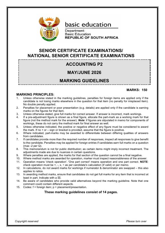 Accounting Grade 12 DBE Caps May 2026 Paper 2 - Memo