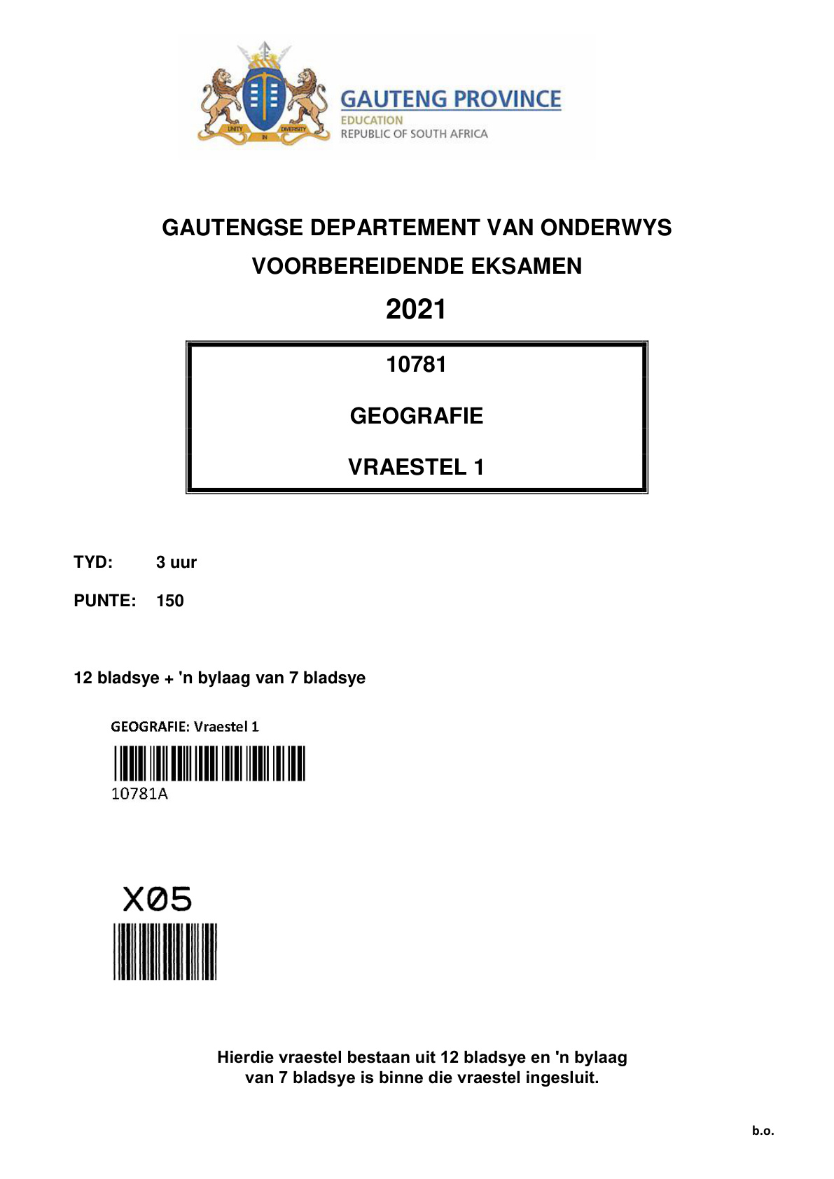 Geography Paper 1 (Gauteng) Preparatory 2021 Grade 12 DBE