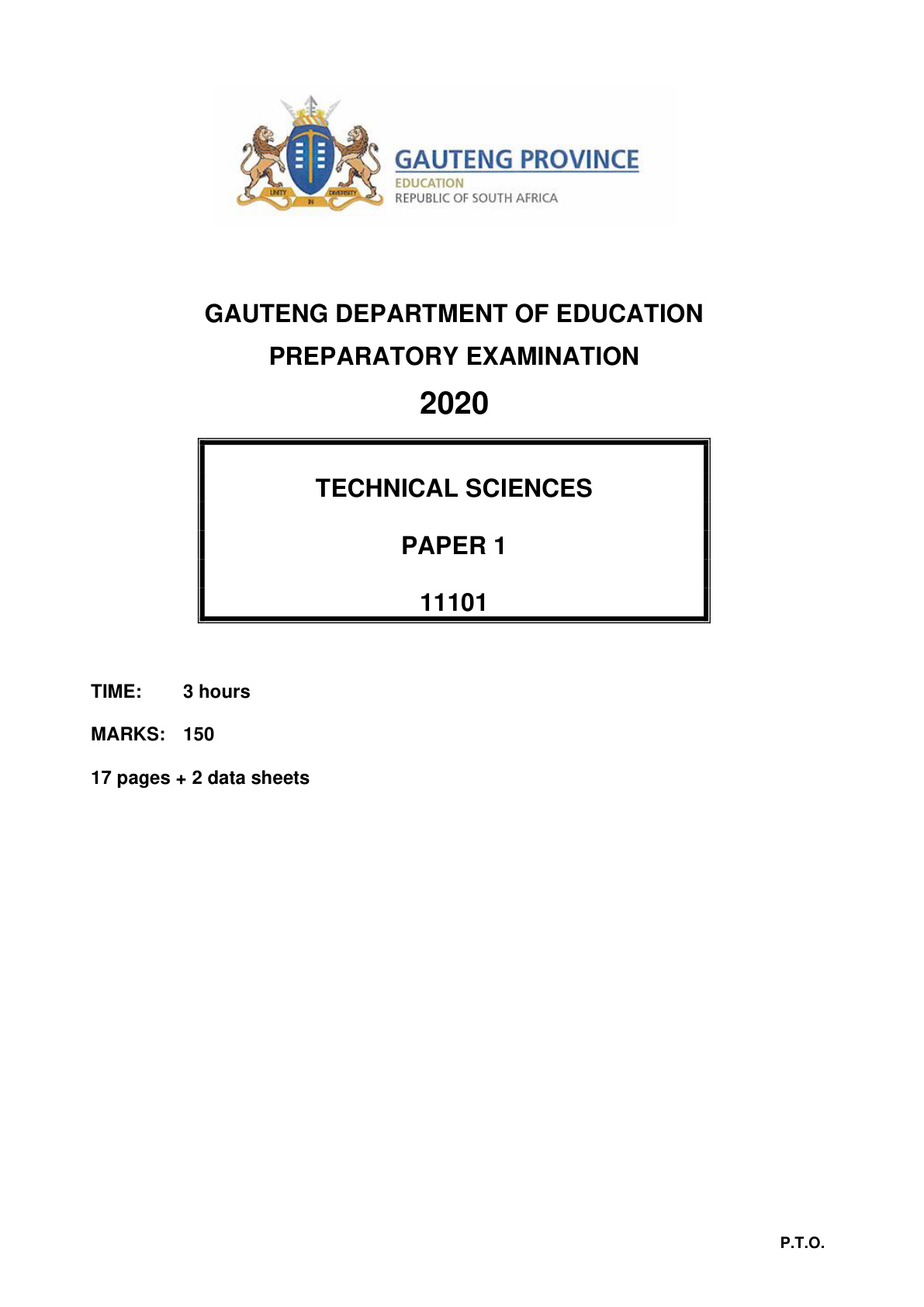 Technical Sciences Paper 1 (Gauteng) Preparatory 2020 Grade 12 DBE
