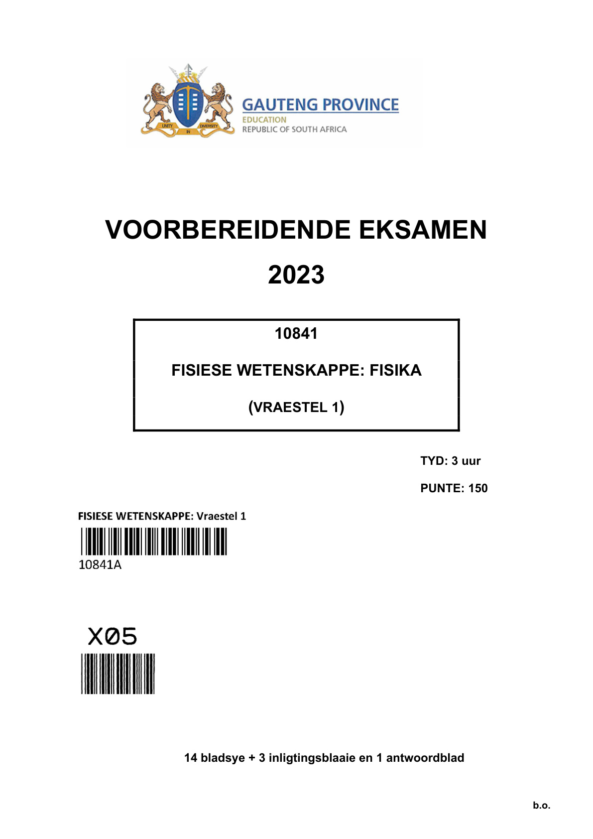 Physical Sciences Paper 1 (Gauteng) Preparatory 2023 Grade 12 DBE