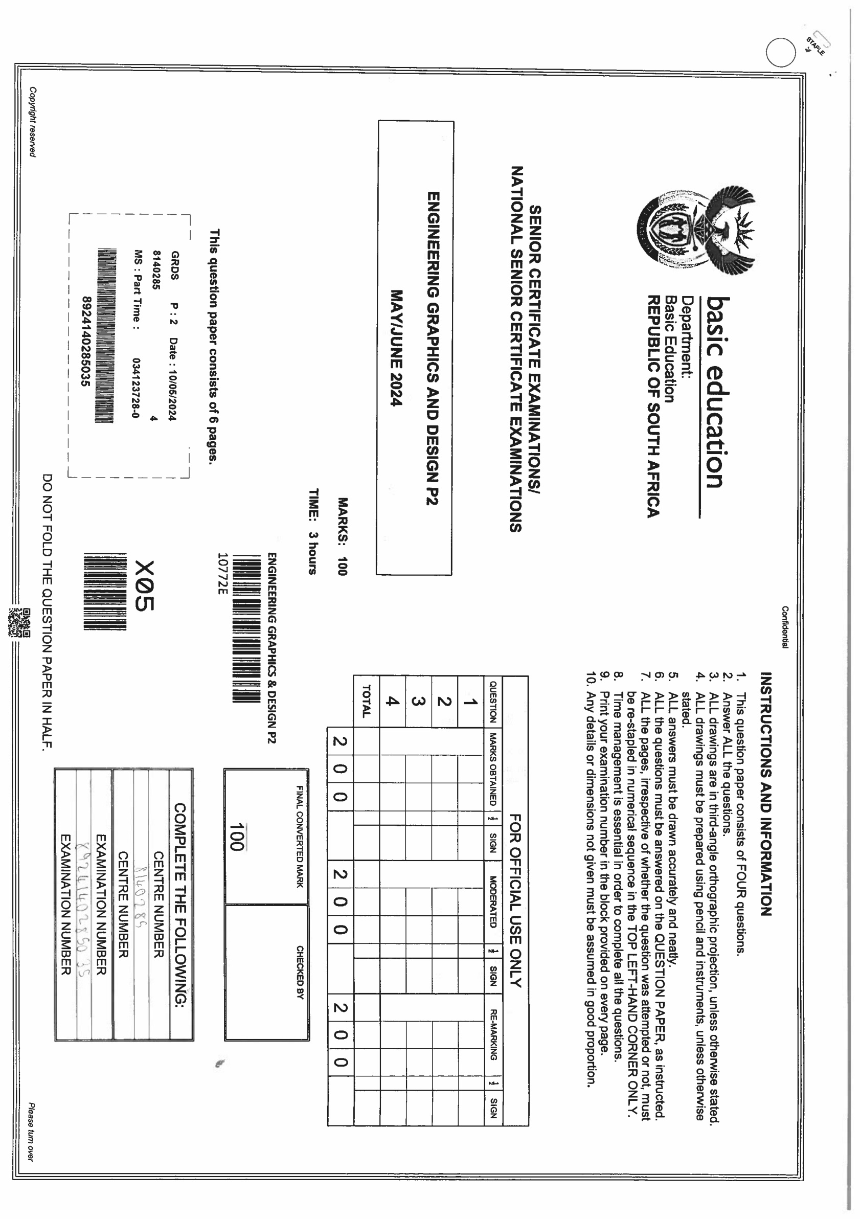 Engineering Graphics And Design Paper 2 (Gauteng) June 2024 Grade 12 DBE