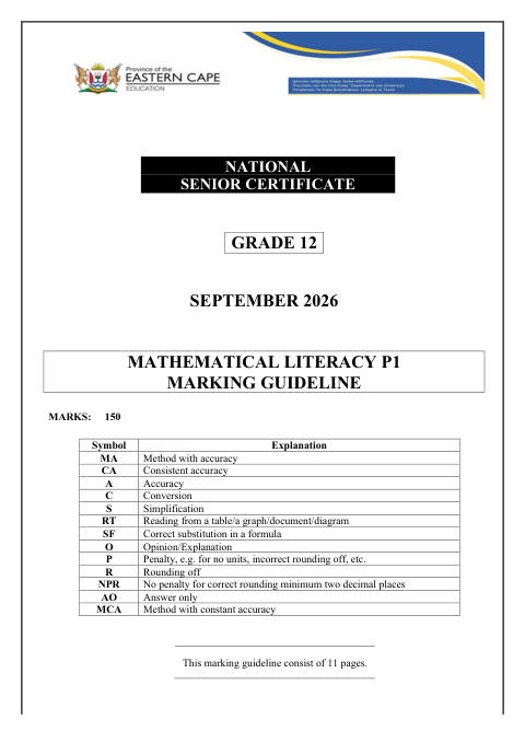 Mathematical Literacy Grade 12 DBE Caps September 2026 Paper 1 - Memo (Eastern Cape)