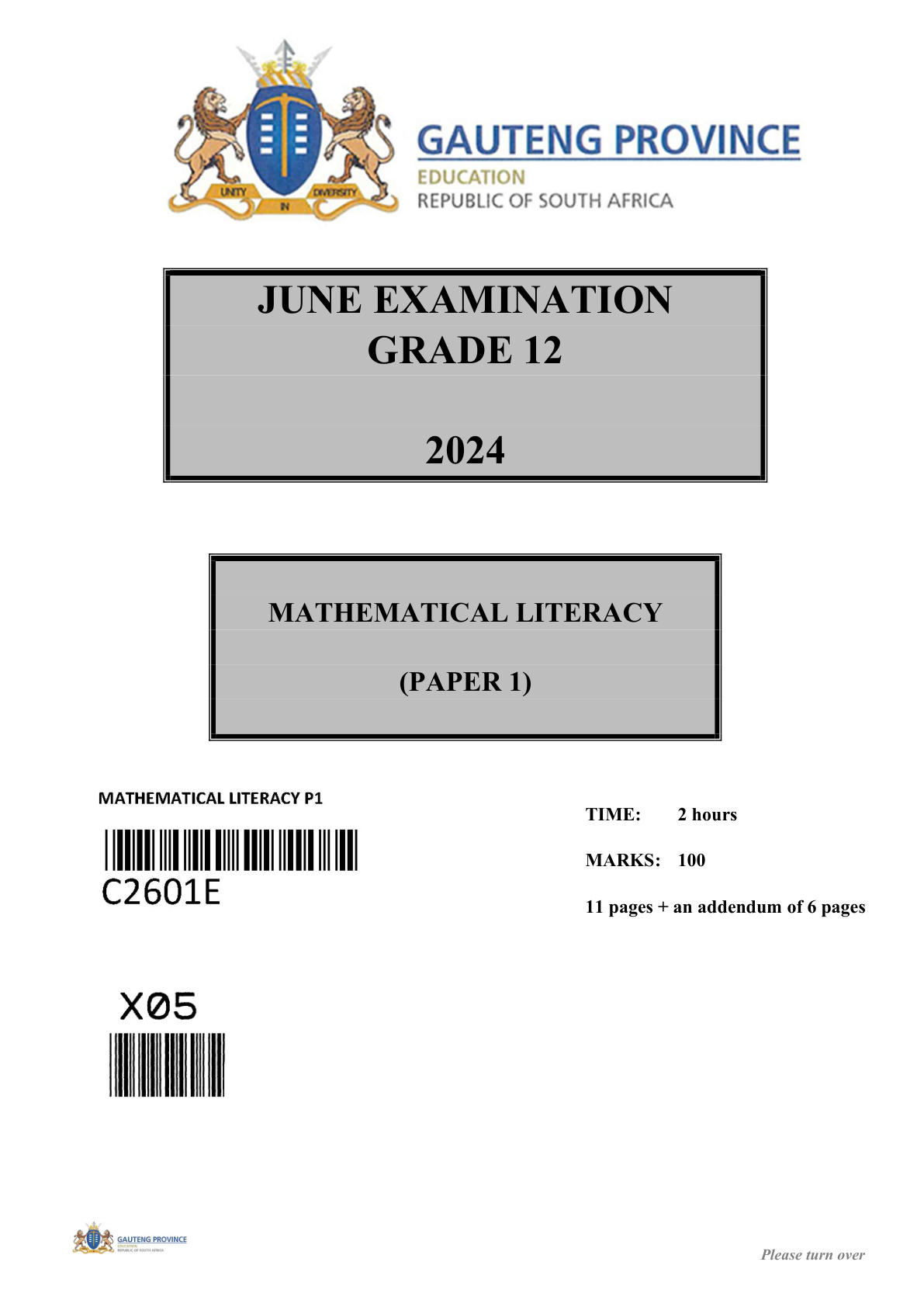 Mathematical Literacy Paper 1 (Gauteng) June 2024 Grade 12 DBE