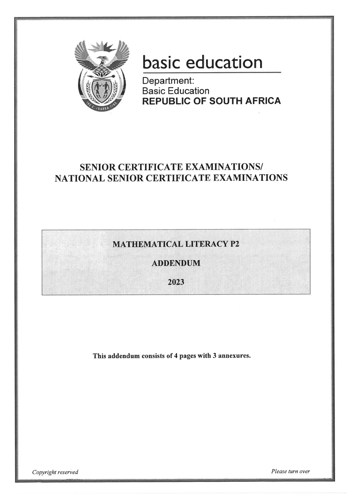Mathematical Literacy Paper 2 Addendum (Gauteng) June 2023 Grade 12 DBE