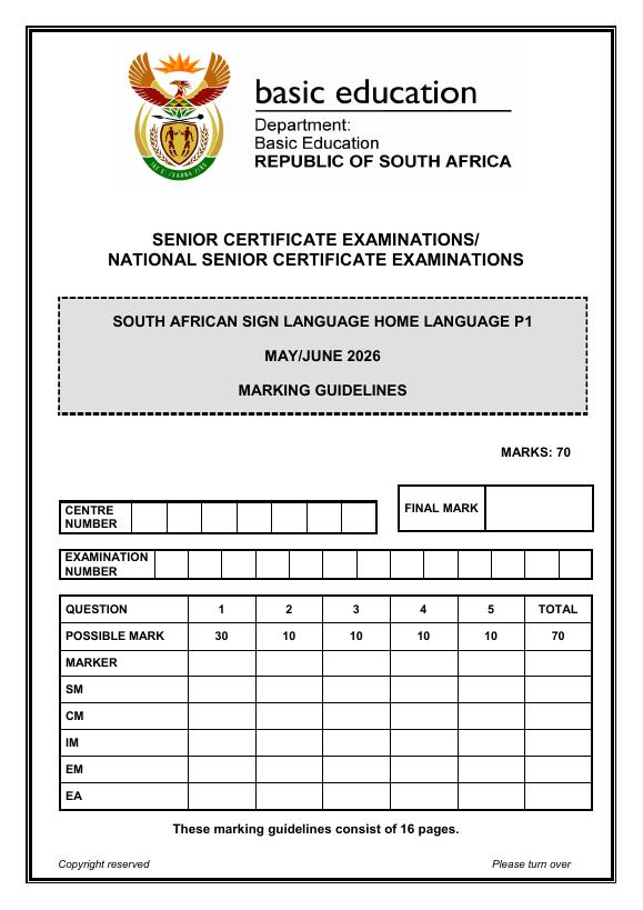 South African Sign Language Home Language Grade 12 DBE CAPS May 2026 Paper 1 - Memo