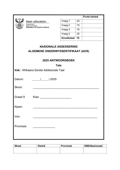 Afrikaans First Additional Language Grade 9 DBE Caps Gec 2025 - Answer Book (Eastern Cape)