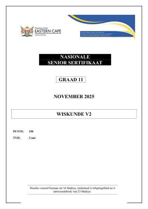 Mathematics Grade 11 DBE Caps November 2025 Paper 2 - Question Paper (Eastern Cape)
