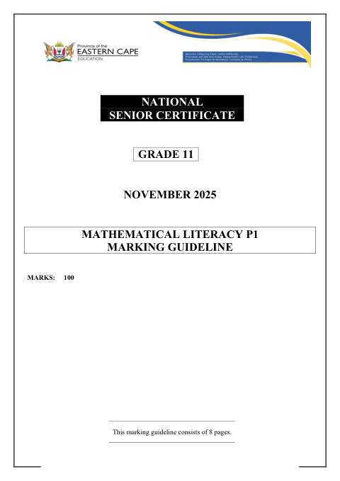 Mathematical Literacy Grade 11 DBE Caps November 2025 Paper 1 - Memo (Eastern Cape)