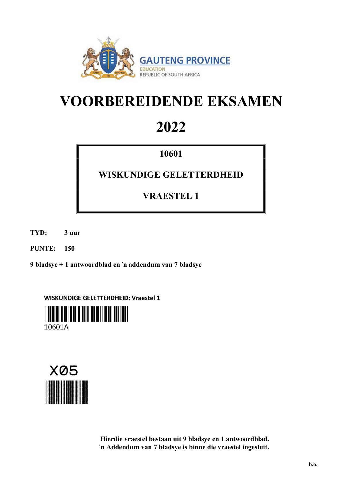 Mathematical Literacy Paper 1 (Gauteng) Preparatory 2022 Grade 12 DBE
