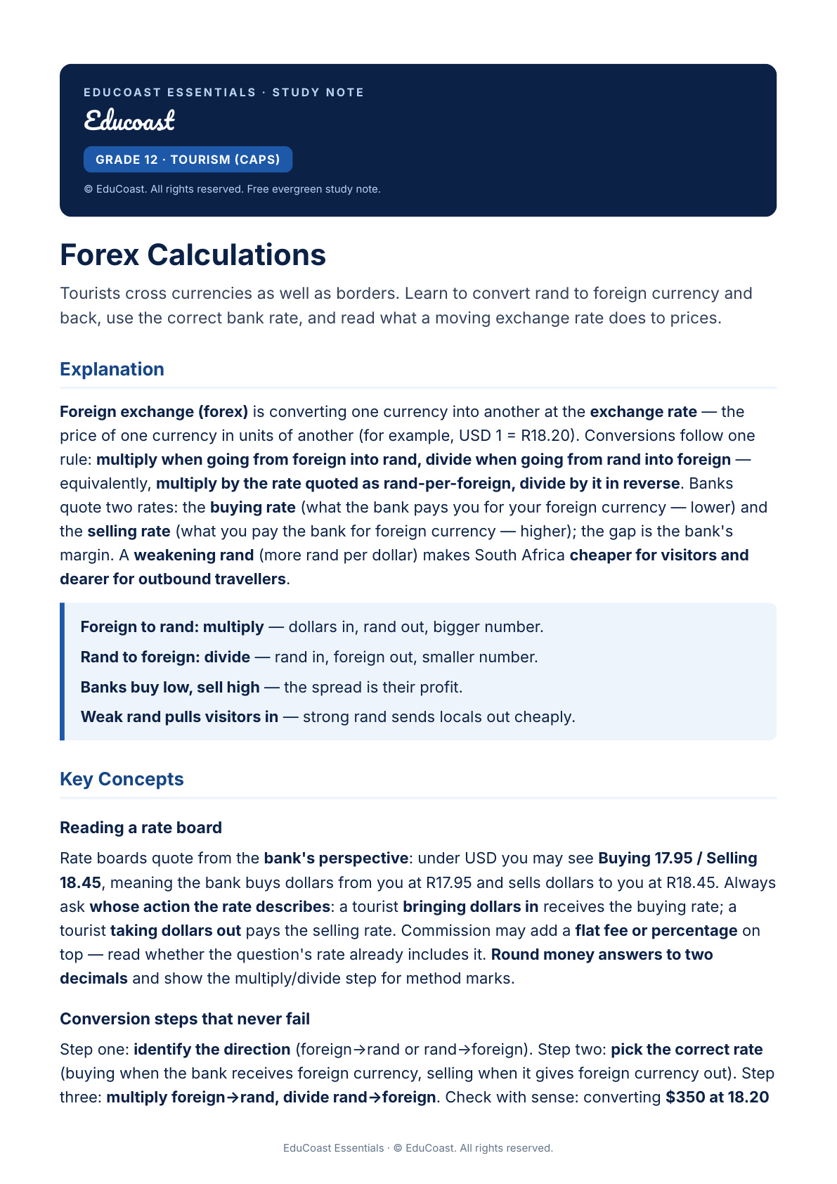 Forex Calculations — Grade 12 Tourism (CAPS)