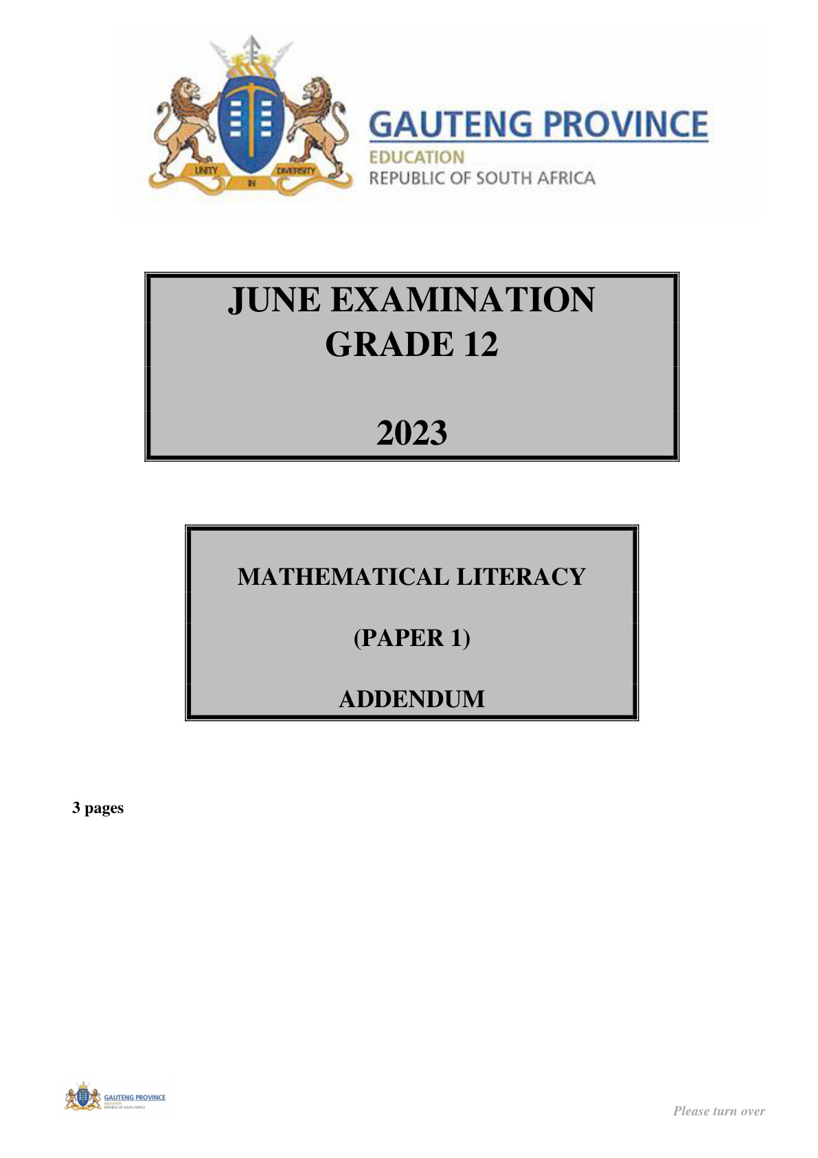 Mathematical Literacy Paper 1 Addendum (Gauteng) June 2023 Grade 12 DBE
