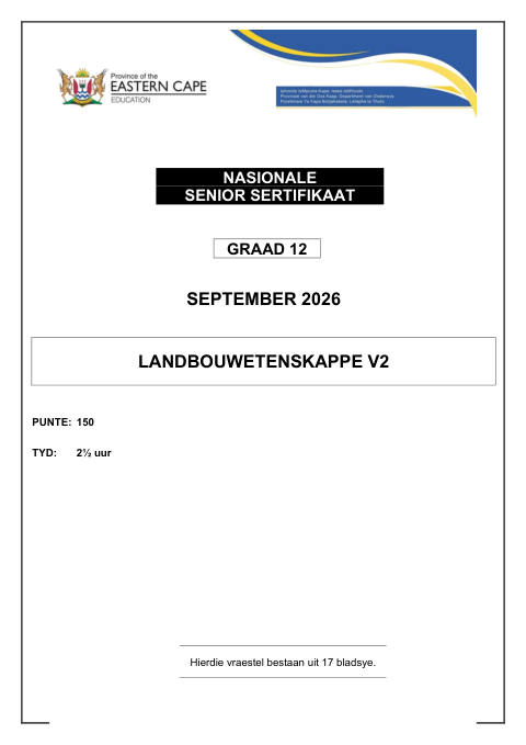 Agricultural Sciences Grade 12 DBE Caps September 2026 Paper 2 - Question Paper (Eastern Cape)