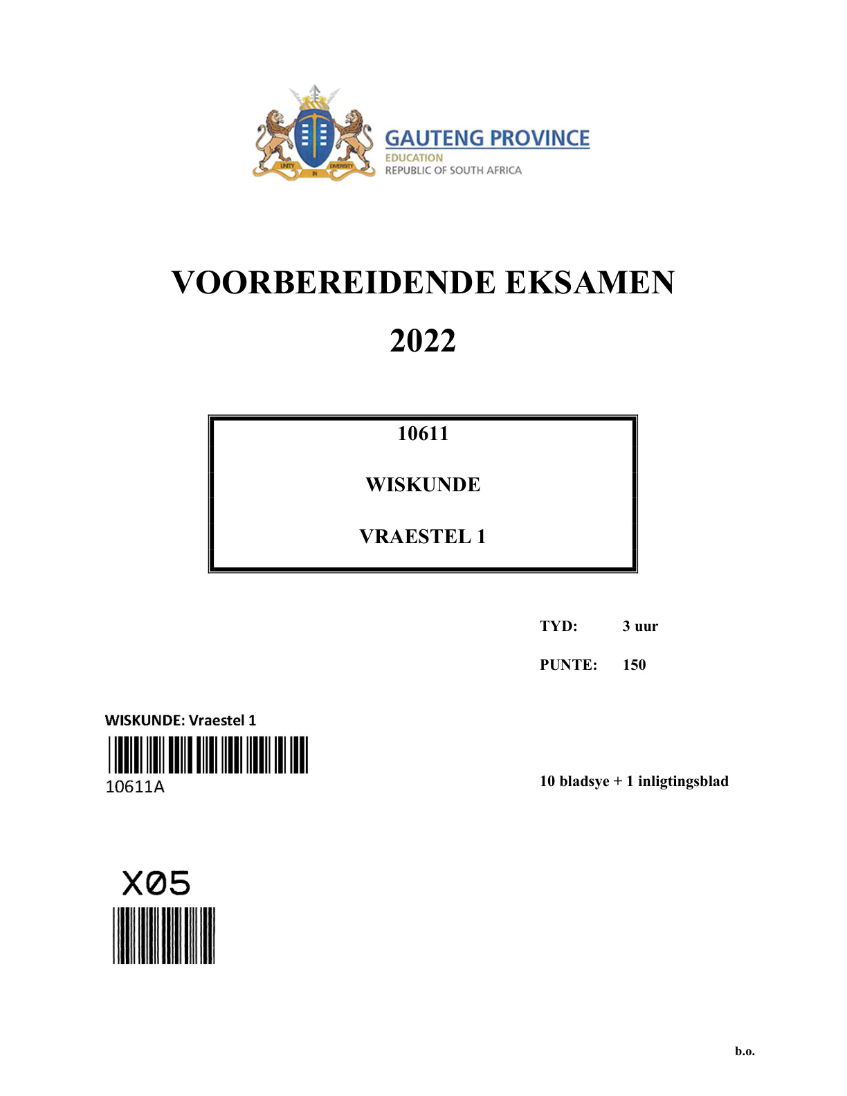 Mathematics Paper 1 (Gauteng) Preparatory 2022 Grade 12 DBE