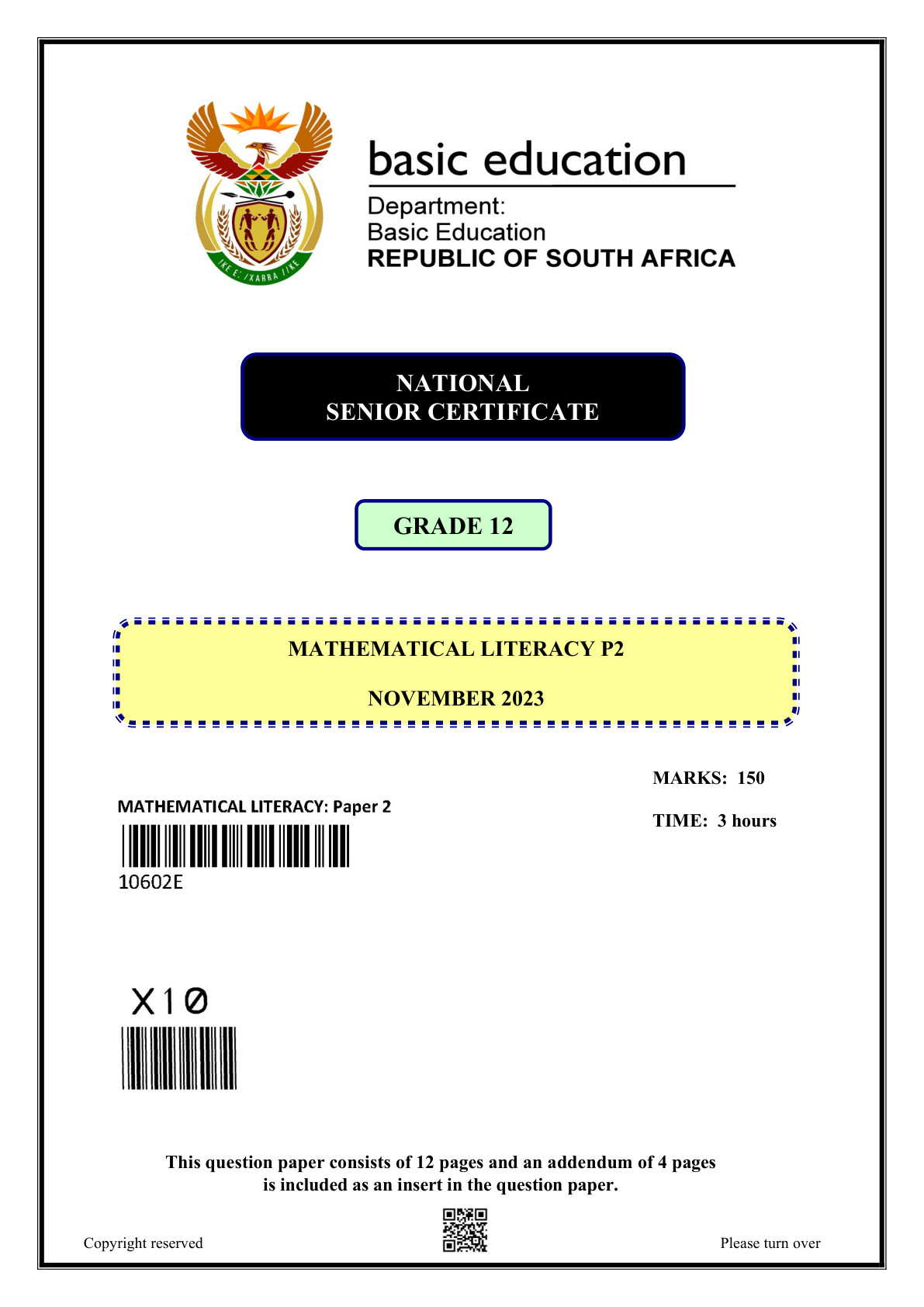 Mathematical Literacy Paper 2 (Gauteng) November 2023 Grade 12 DBE