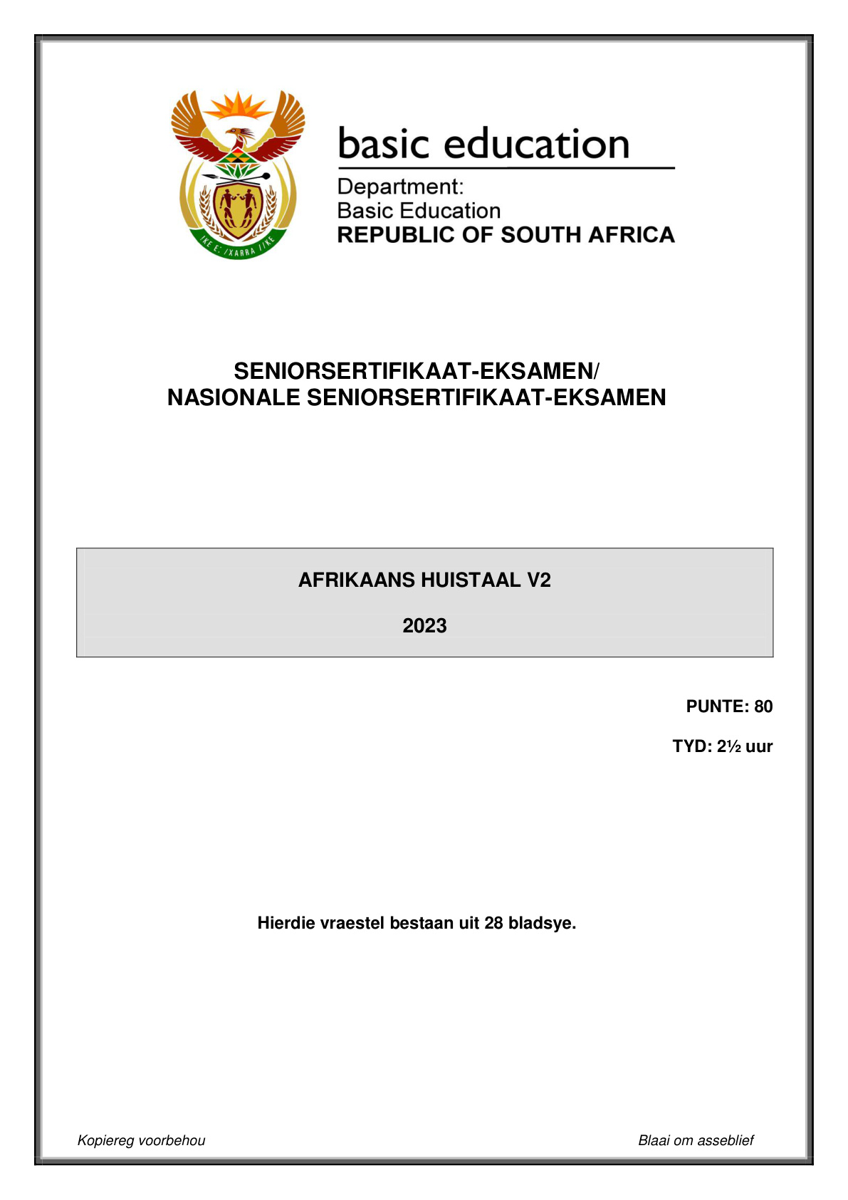 Afrikaans Home Language Paper 2 (Gauteng) June 2023 Grade 12 DBE